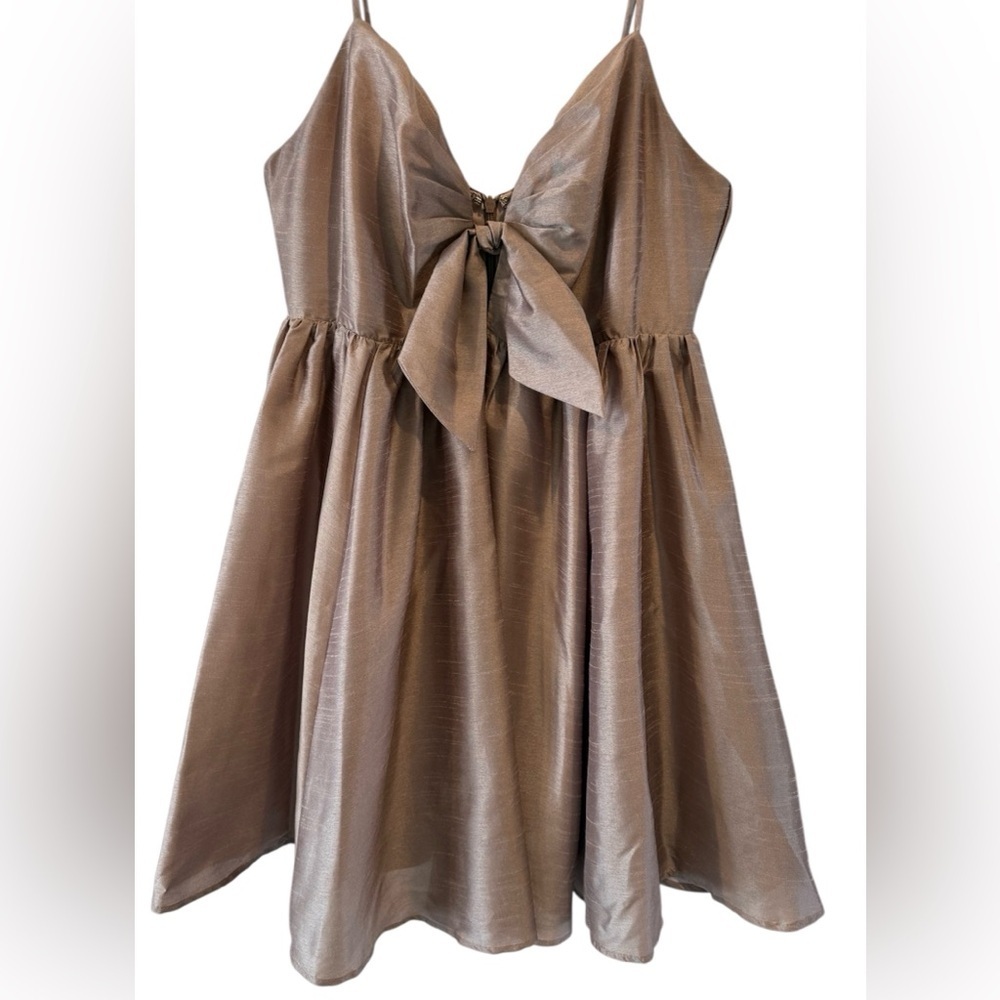 Aakaa Champagne Babydoll Dress with Bow Accent - Picture 2 of 8